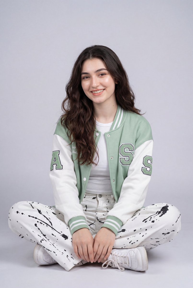 Fashion Studio Portrait in Pastel Green Varsity Jacket