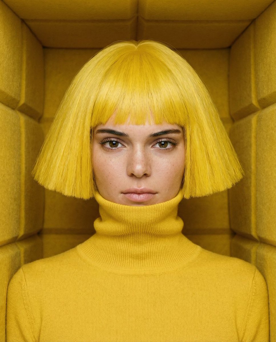 Monochromatic canary yellow portrait of Kendall Jenner in an isolation booth