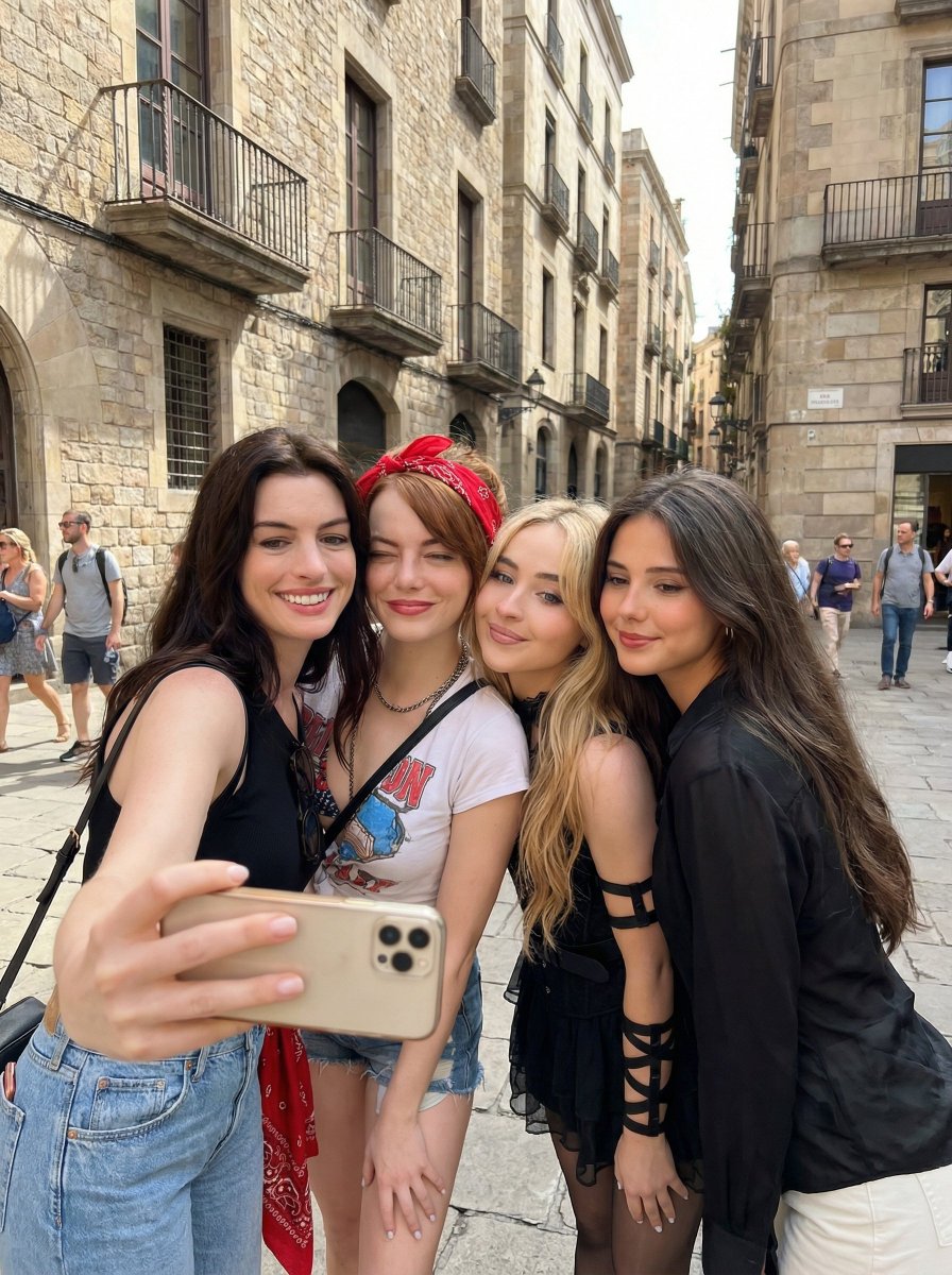 Group Selfie of Four Women in Barcelona