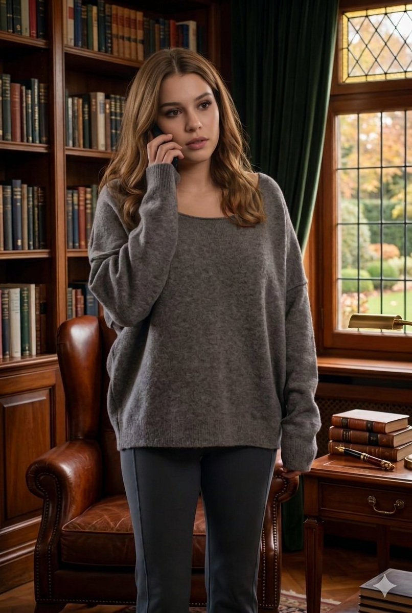 Cinematic Library Scene with Woman on Phone