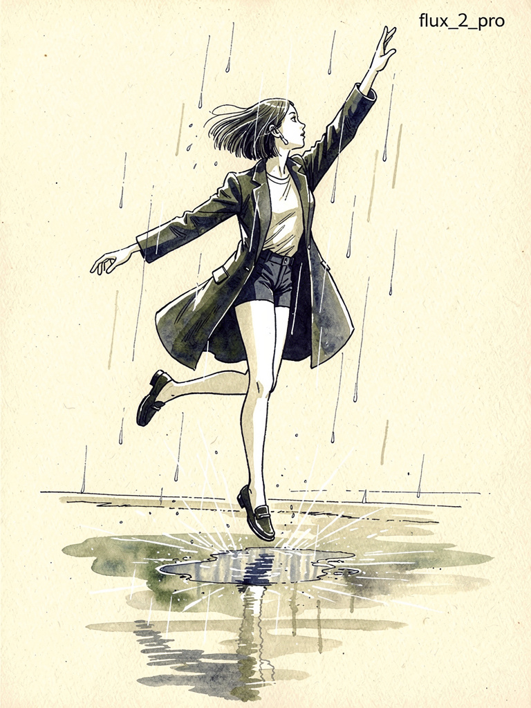 Ink pen style illustration of a woman jumping in the rain