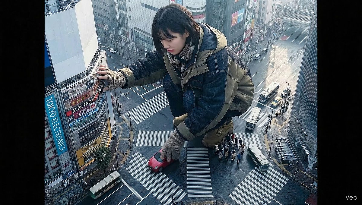 Colossal Woman in Tokyo Street Aerial Shot Prompt