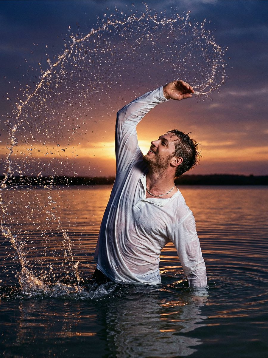 Cinematic Sunset Water Splash Portrait
