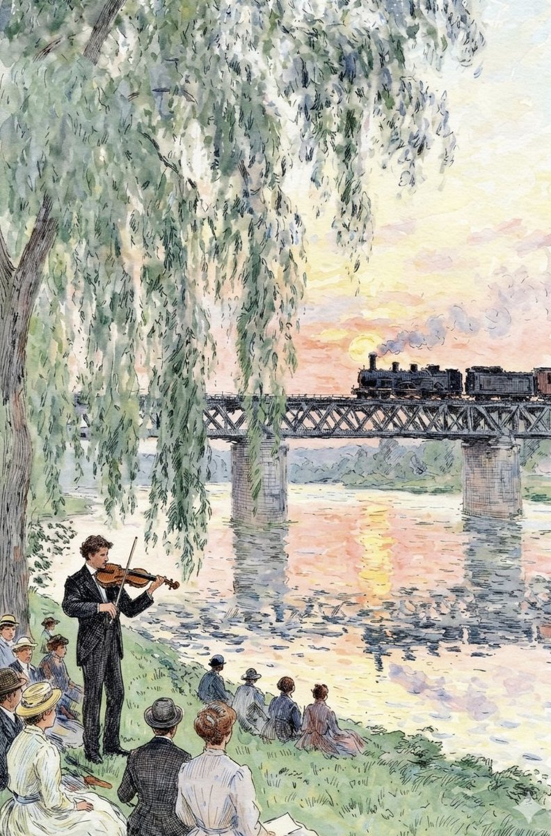 Watercolor Riverside Violinist at Sunset