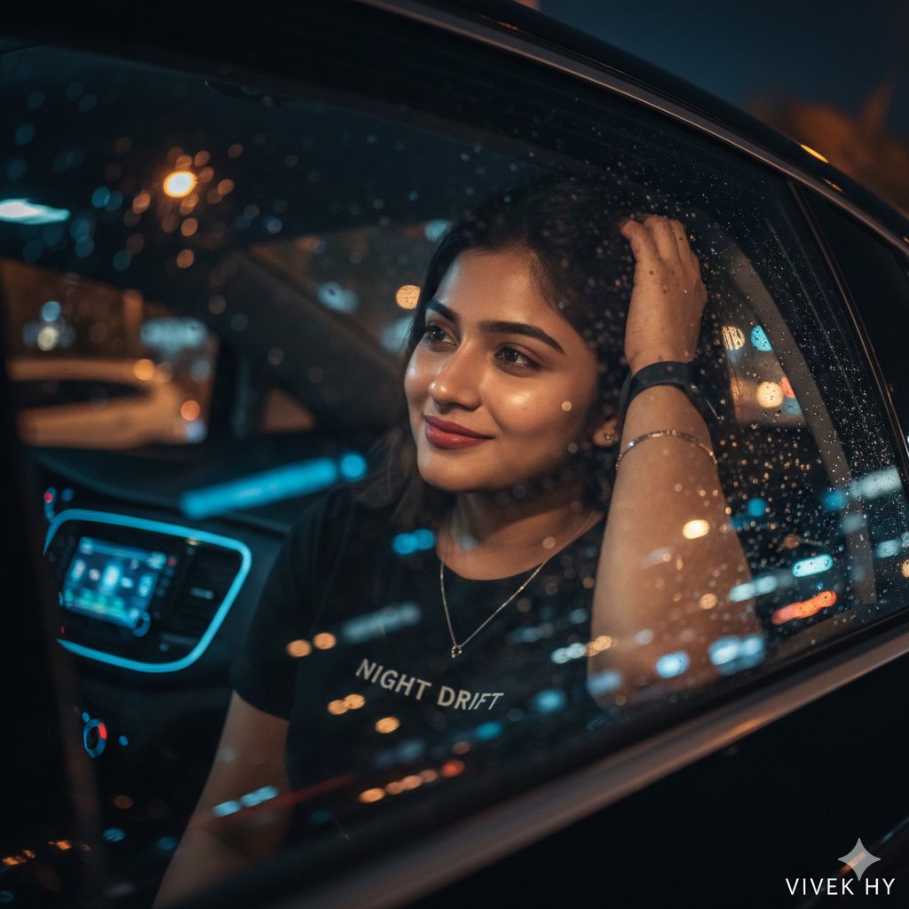 Nighttime Cinematic Portrait Through Car Window