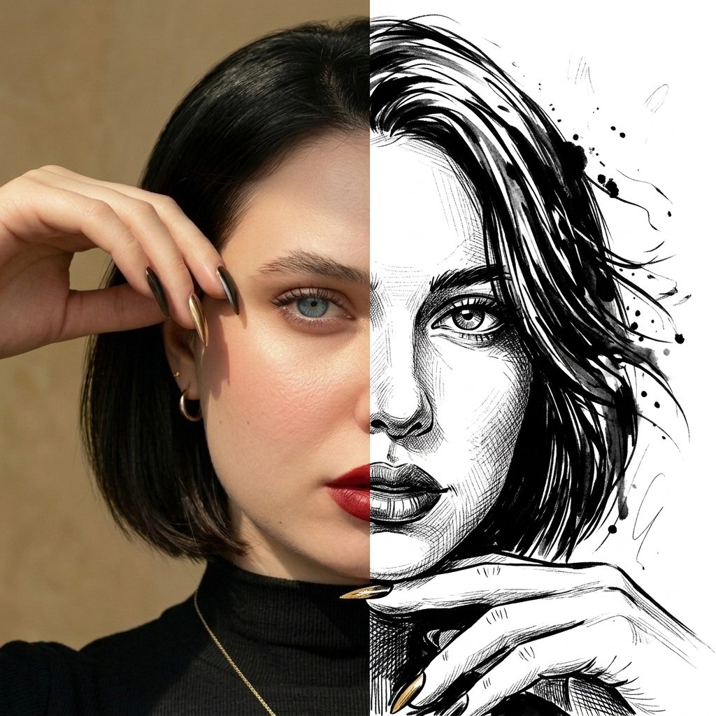 Split Face Photo and Ink Illustration