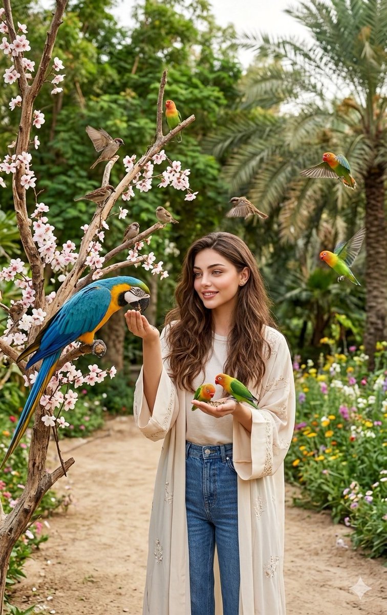 Indian Woman with Macaw in Forest