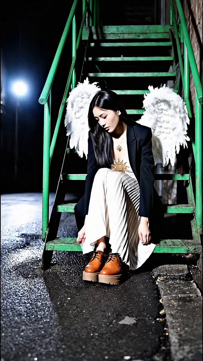 Dramatic Portrait on Fire Escape with Angel Wings
