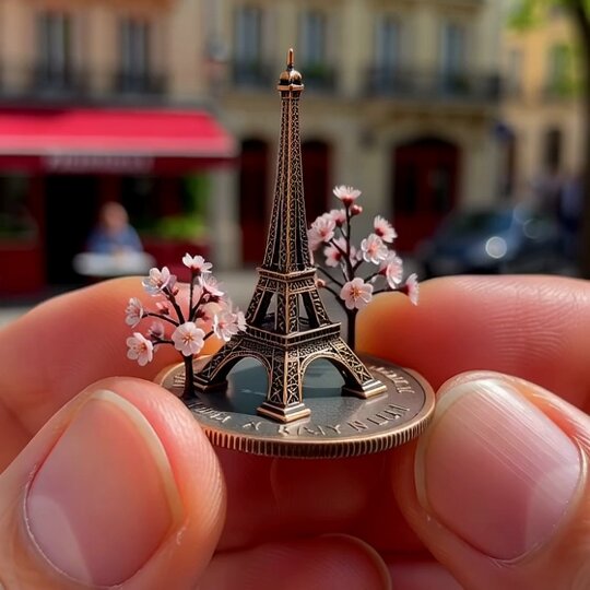 Macro Photograph of Miniature Eiffel Tower Prompt