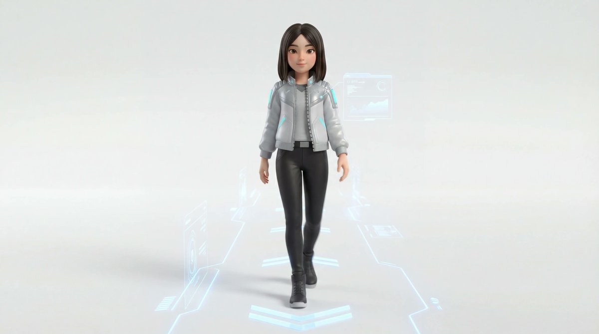 Medium Shot of Character Interacting with Floating Interface