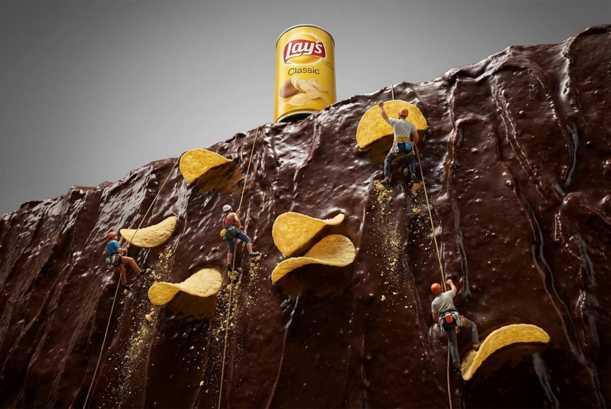 Surreal Miniature Potato Chip Climbing Ad Prompt