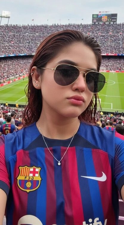 Selfie in FC Barcelona Jersey at Packed Stadium