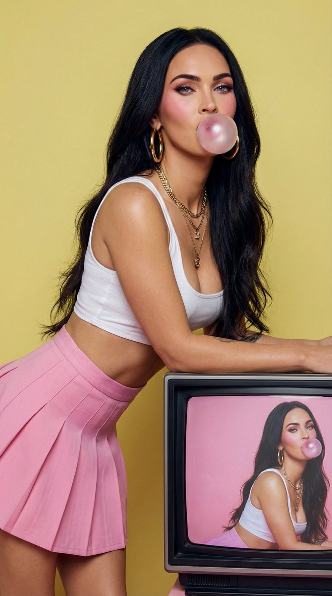 Fashion Editorial: Woman Blowing Bubblegum on Retro TV