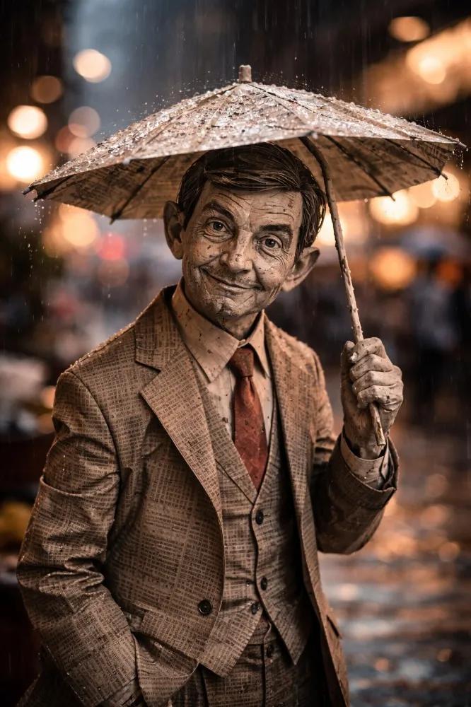 Cinematic Paper Figure in the Rain