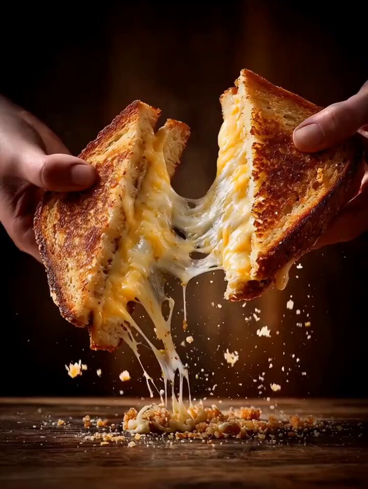 Cinematic Grilled Cheese Pull Action Shot