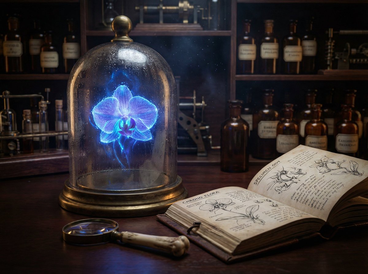 JSON Nano Banana Pro prompt for steampunk botanist workbench