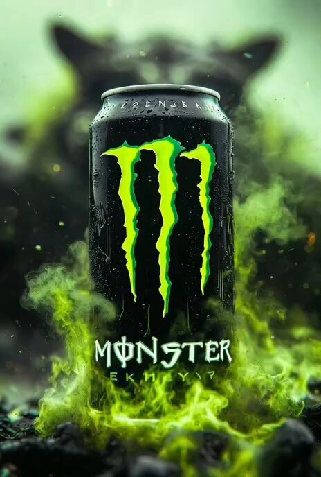 Hyper-Realistic Monster Energy Product Shot with Neon Flames