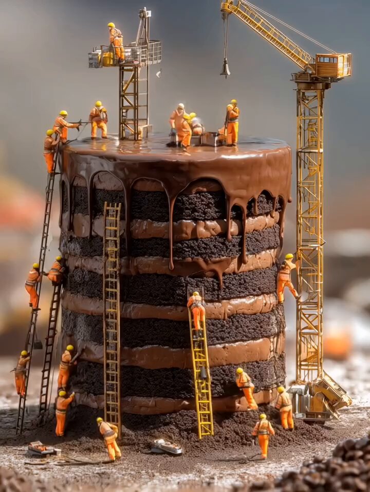 Ultra-realistic Giant Chocolate Cake Construction Prompt