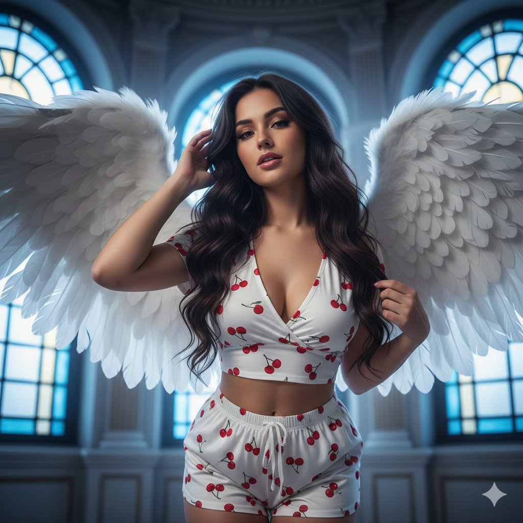 Flirtatious angel warrior portrait with low-angle framing