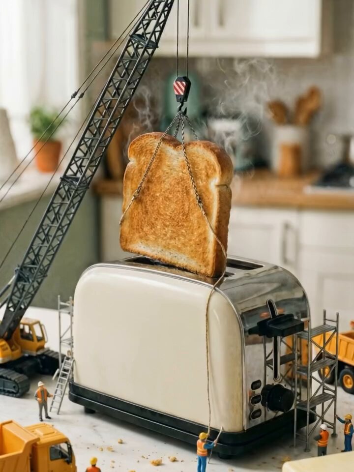 Surreal Cinematic Macro Photography of a Miniature Construction Site on a Toaster