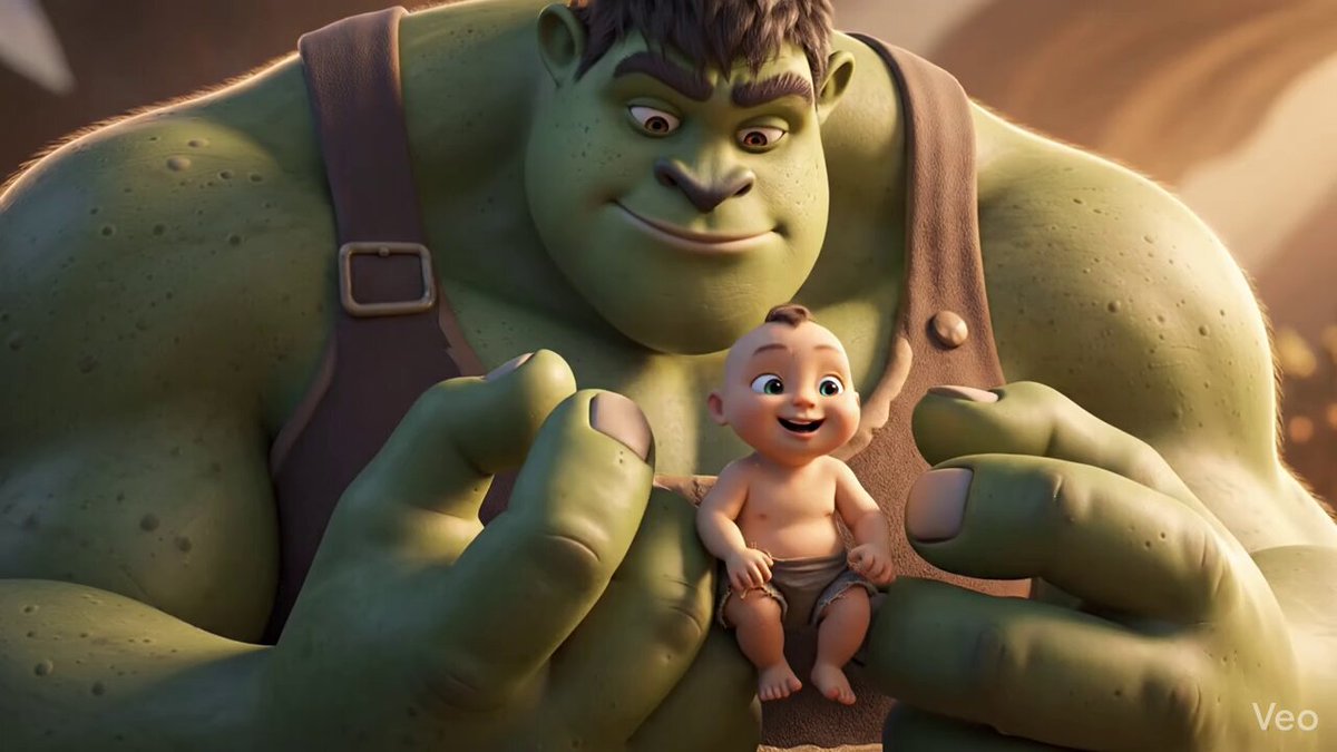 Cinematic 3D render of colossal giant holding a tiny baby
