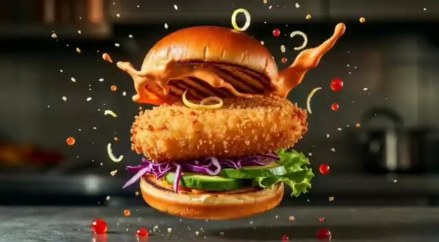 Cinematic Hyperrealistic Shrimp Burger in Mid-Air