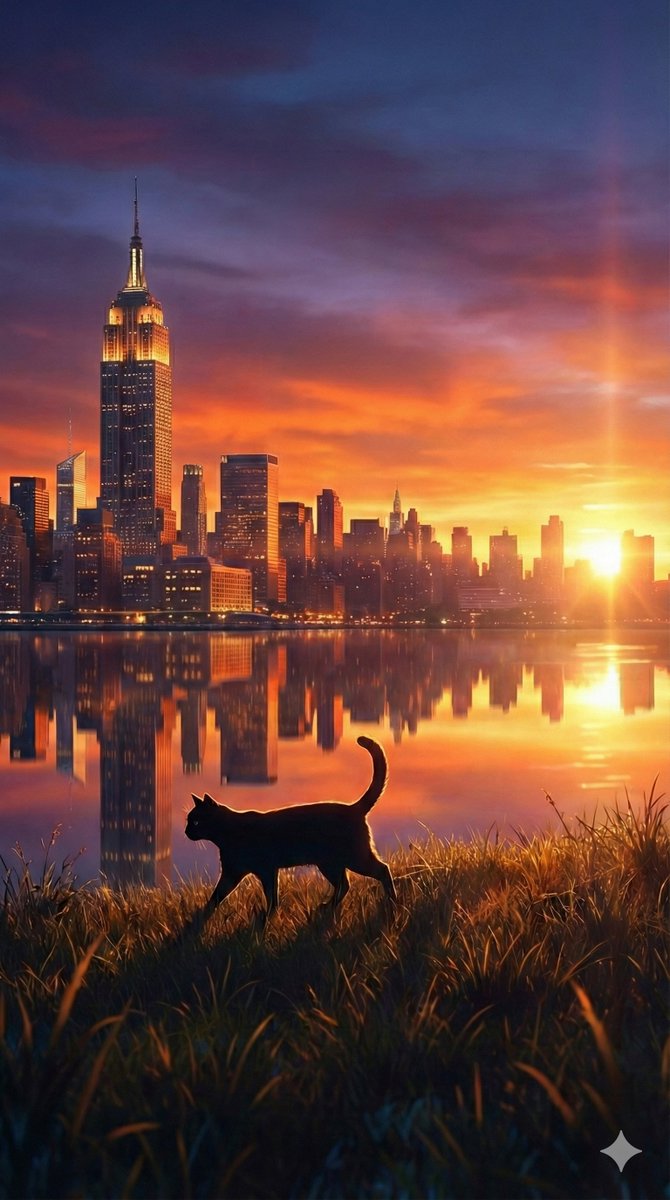 Fantasy Sunset Landscape with Black Cat Silhouette and City Reflection
