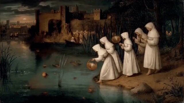 Women Placing Glowing Lanterns on Water in Hieronymus Bosch Style