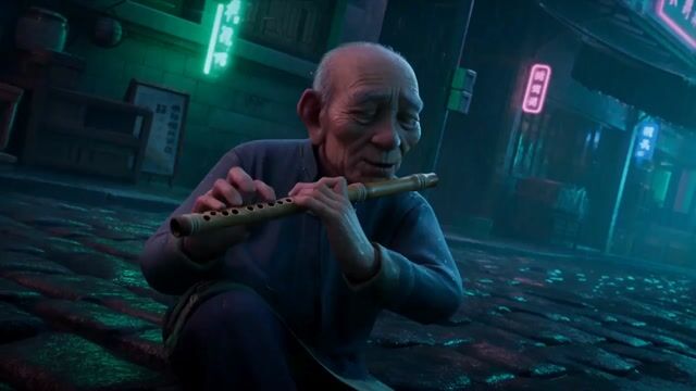 Cultural Contrast: Flute Player in Cyberpunk Alley