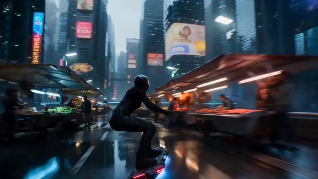 Rogue Data-Courier on a Hoverboard in a Cyberpunk Megacity