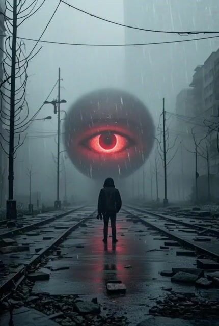 Dystopian city glowing eye