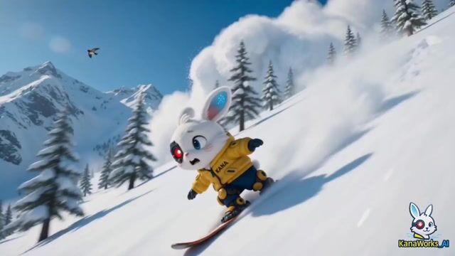 Drone shot of a skiing rabbit escaping an avalanche