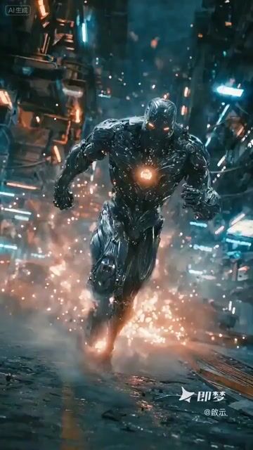 Cinematic sci-fi battle scene with a cyborg