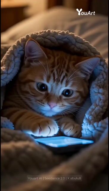 Sneaky Kitten Scrolling on Phone Under Covers